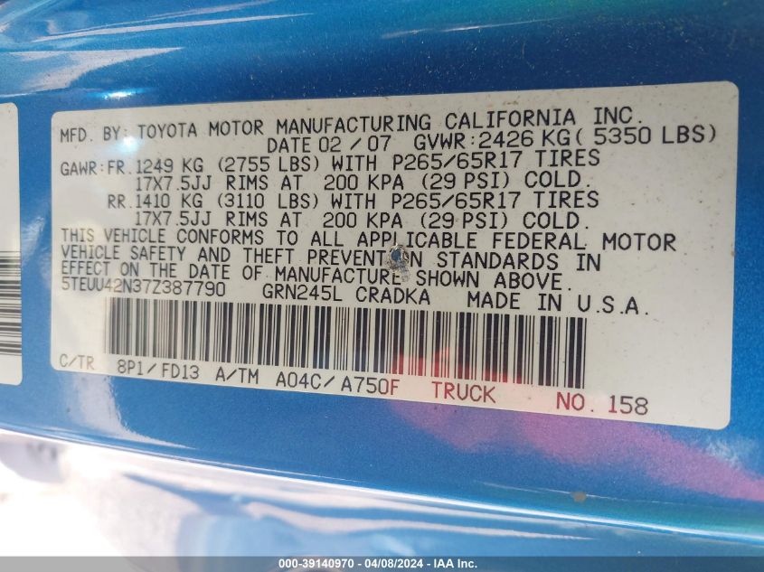 2007 Toyota Tacoma Base V6 VIN: 5TEUU42N37Z387790 Lot: 39140970
