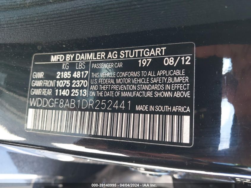 WDDGF8AB1DR252441 | 2013 MERCEDES-BENZ C 300