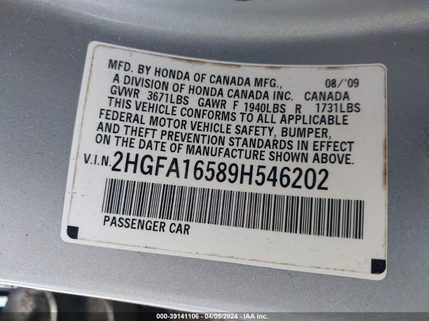 2HGFA16589H546202 | 2009 HONDA CIVIC