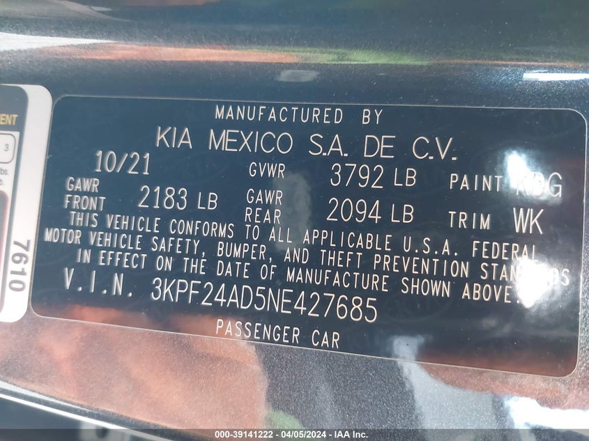 VIN 3KPF24AD5NE427685 2022 KIA FORTE FE/LXS