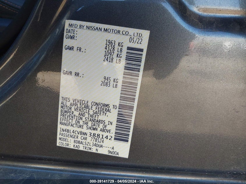 VIN 1N4BL4CV8NN388142 2022 NISSAN ALTIMA SR FWD