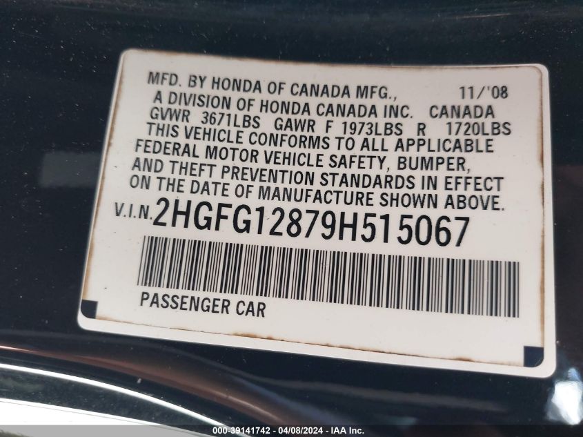 2HGFG12879H515067 | 2009 HONDA CIVIC