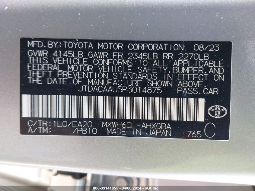 2023 Toyota Prius Xle VIN: JTDACAAU5P3014875 Lot: 39141855