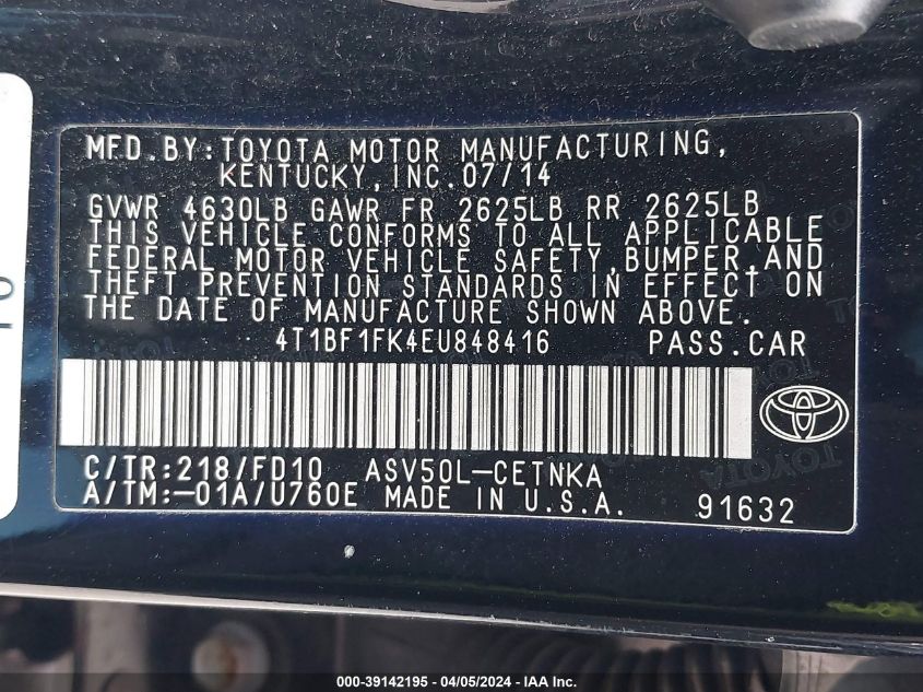 4T1BF1FK4EU848416 | 2014 TOYOTA CAMRY