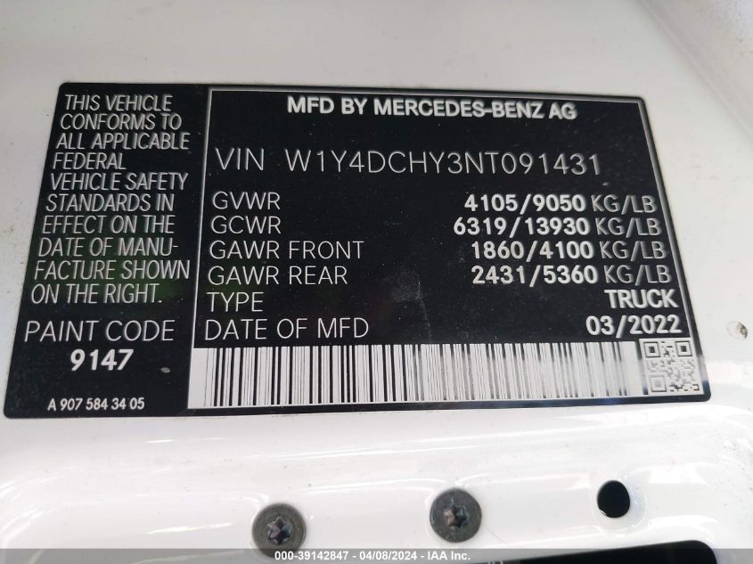 VIN W1Y4DCHY3NT091431 2022 Mercedes-Benz Sprinter 2... no.9