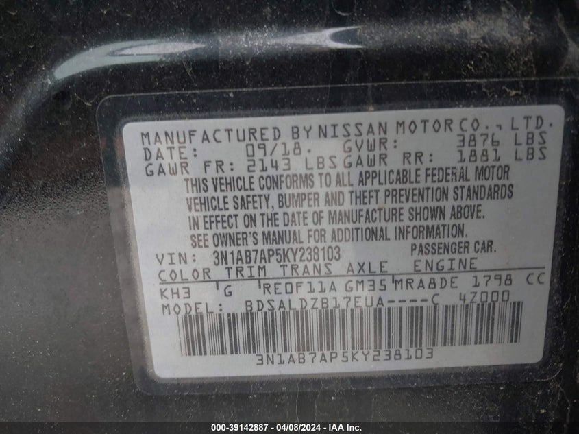 VIN 3N1AB7AP5KY238103 2019 NISSAN SENTRA SV