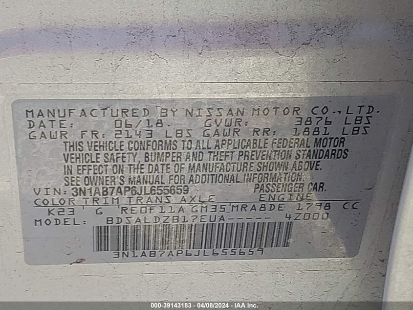 VIN 3N1AB7AP6JL655659 2018 NISSAN SENTRA S/SV/SR/SL