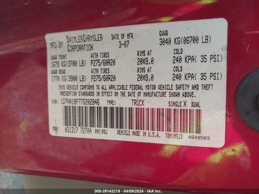 1D7HA18P77S202846 2007 Dodge Ram 1500 Slt