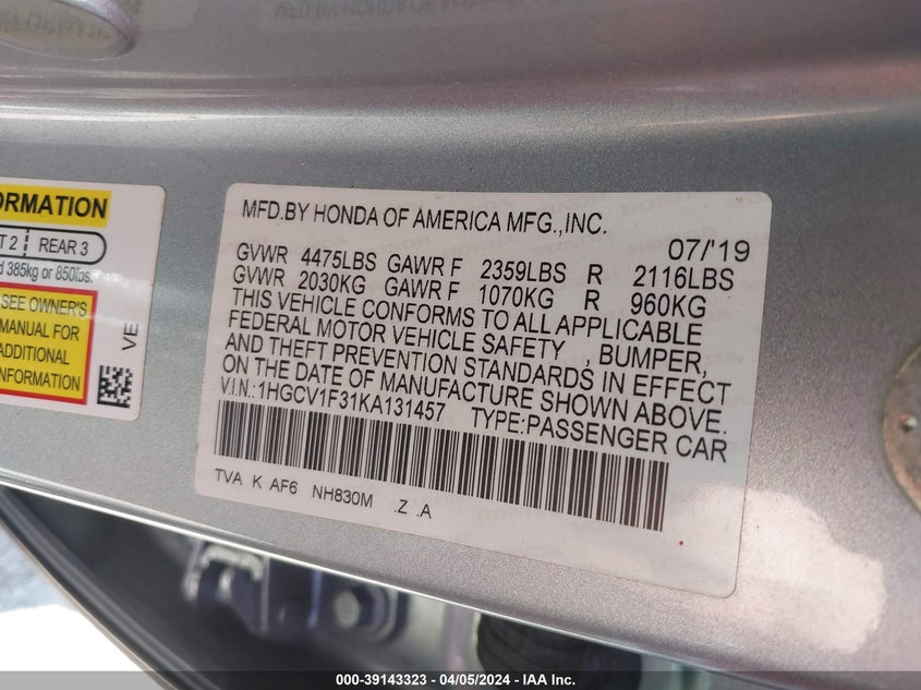 VIN 1HGCV1F31KA131457 2019 HONDA ACCORD SPORT