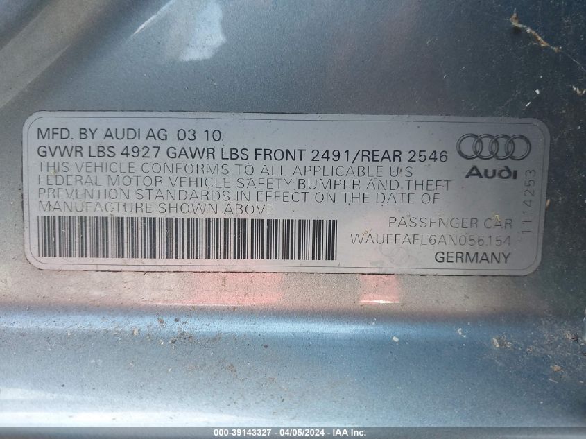 WAUFFAFL6AN056154 | 2010 AUDI A4