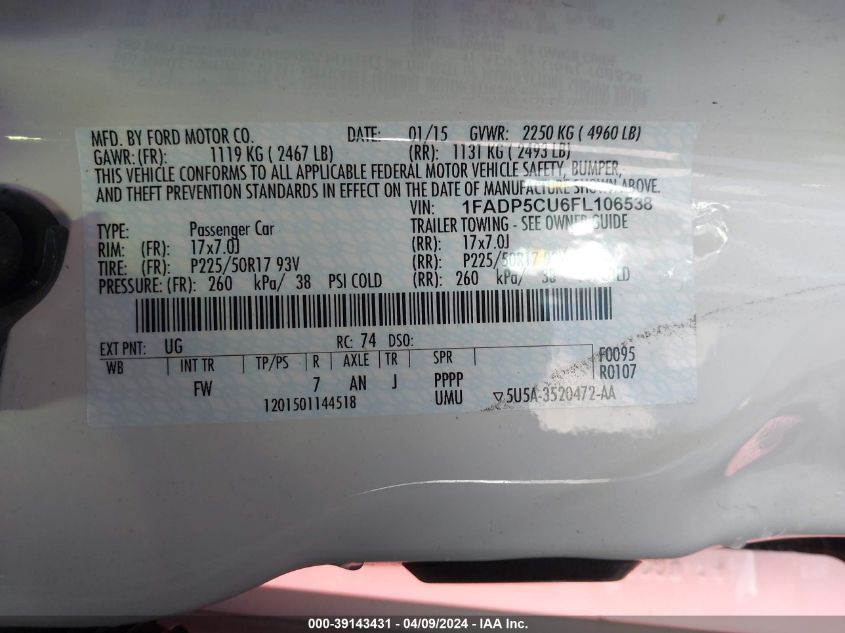 1FADP5CU6FL106538 2015 Ford C-Max Energi Sel