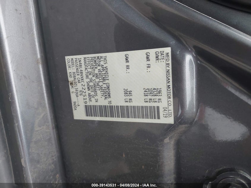 VIN 1N4BL4BVXKC222519 2019 NISSAN ALTIMA S