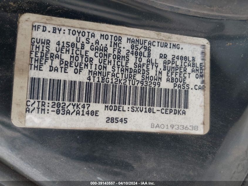 4T1BG12K2TU793299 | 1996 TOYOTA CAMRY