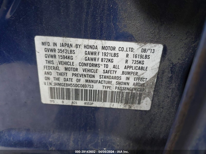 2013 HONDA FIT SPORT - JHMGE8H55DC069753