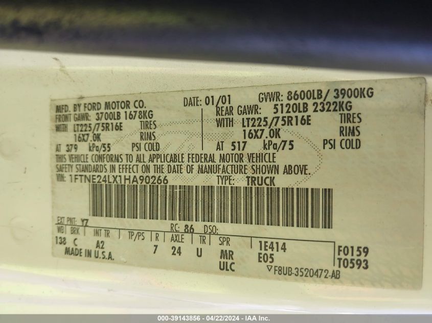 2001 Ford E-250 Commercial/Recreational VIN: 1FTNE24LX1HA90266 Lot: 39143856