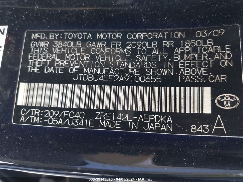 JTDBU4EE2A9100655 | 2010 TOYOTA COROLLA