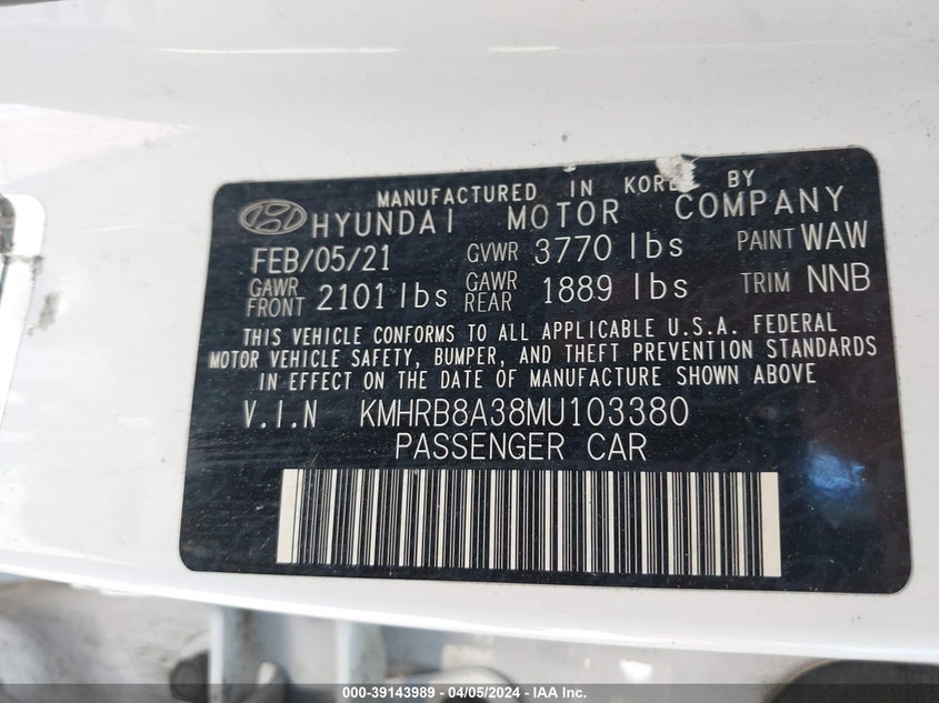 2021 HYUNDAI VENUE SE - KMHRB8A38MU103380