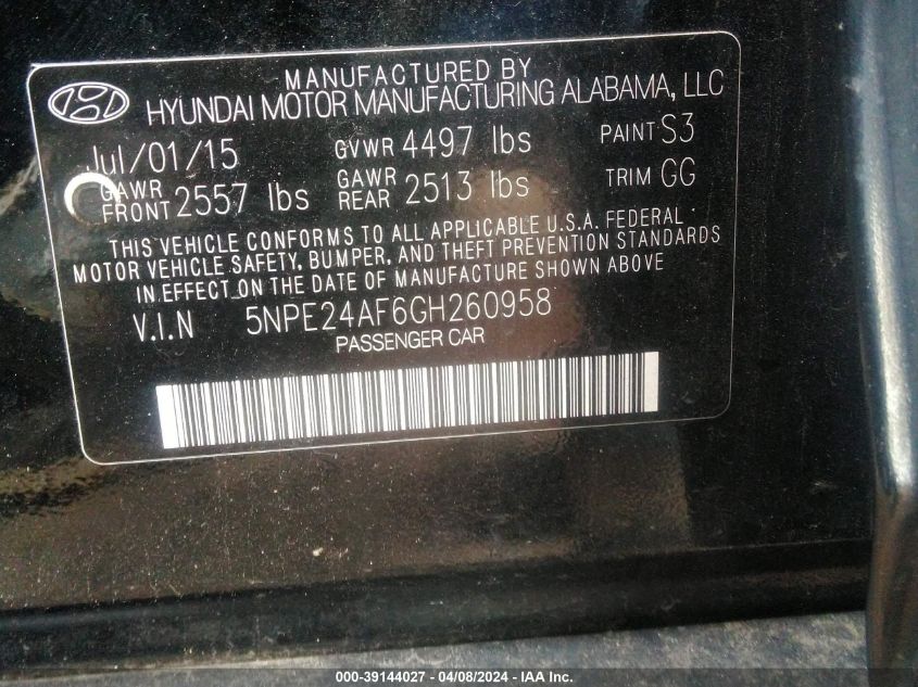 5NPE24AF6GH260958 | 2016 HYUNDAI SONATA