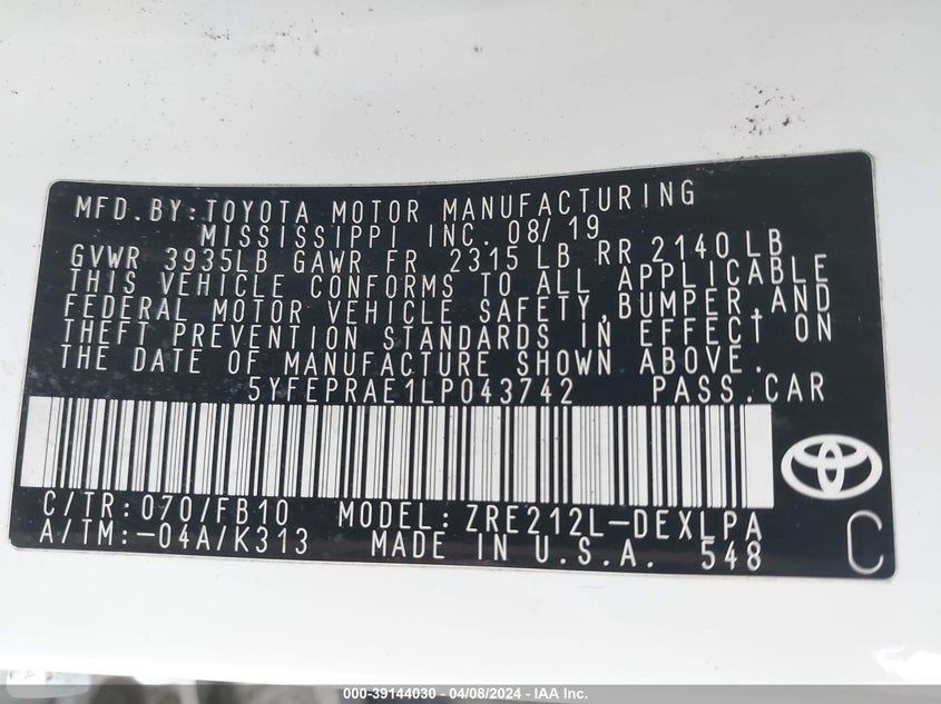 2020 TOYOTA COROLLA LE - 5YFEPRAE1LP043742