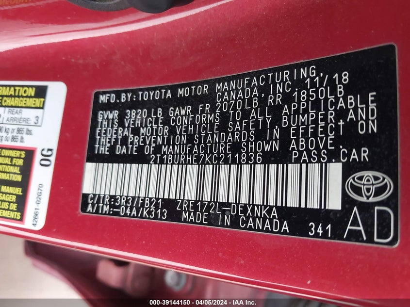 2019 TOYOTA COROLLA LE - 2T1BURHE7KC211836