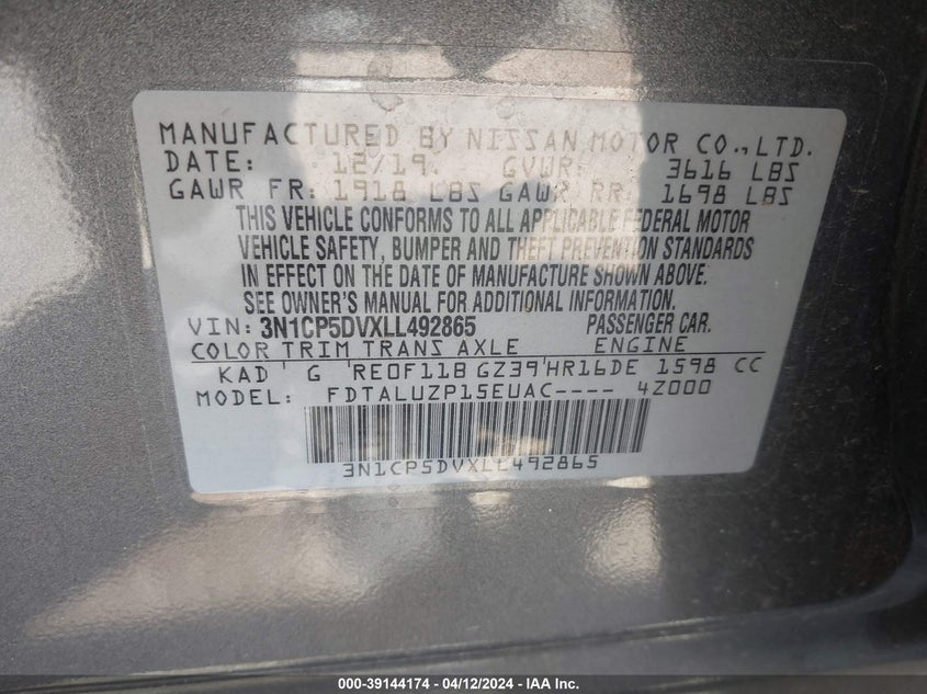 2020 NISSAN KICKS SR XTRONIC CVT - 3N1CP5DVXLL492865