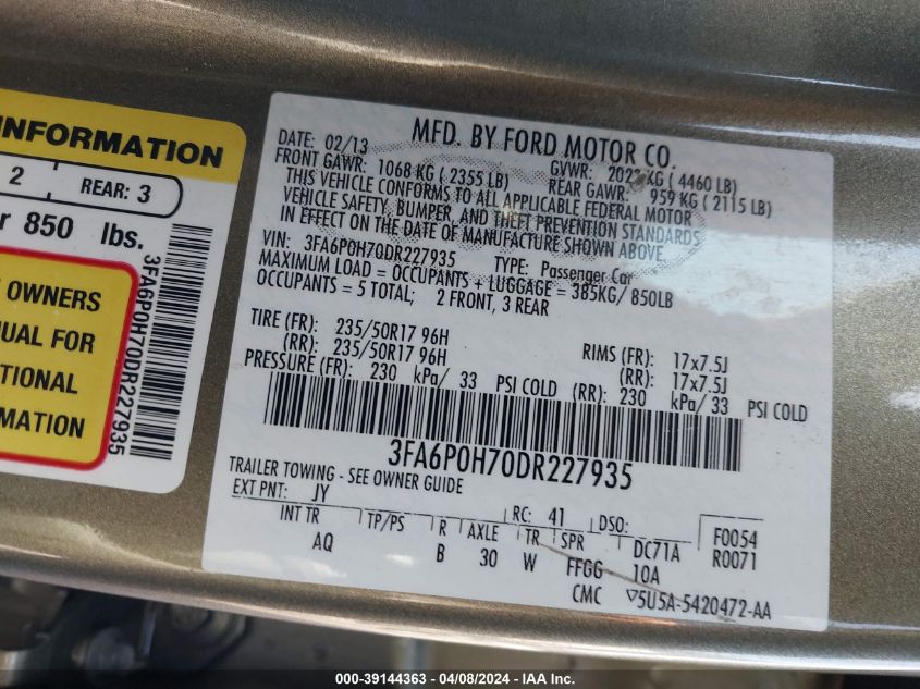 2013 FORD FUSION SE - 3FA6P0H70DR227935