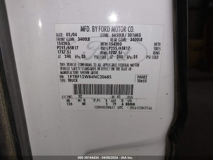 1FTRF12W84NC20685 | 2004 FORD F-150