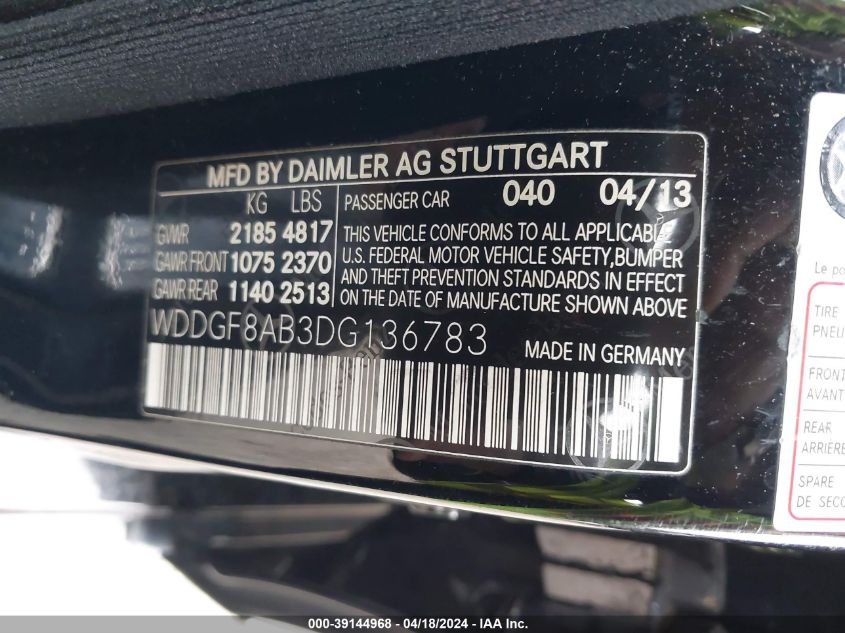 2013 Mercedes-Benz C 300 Luxury 4Matic/Sport 4Matic VIN: WDDGF8AB3DG136783 Lot: 39144968