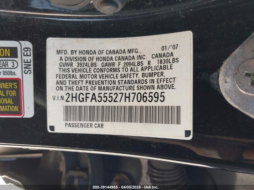 2HGFA55527H706595 | 2007 HONDA CIVIC