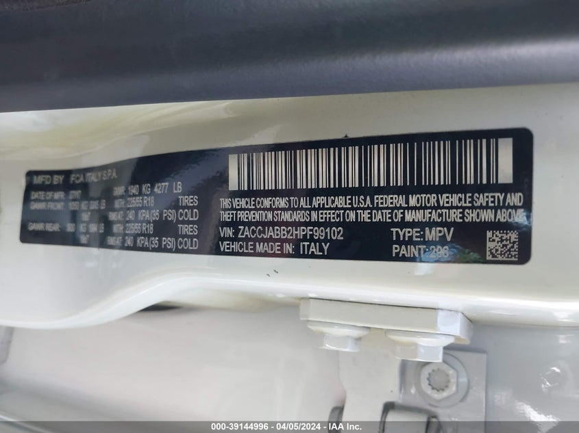 VIN ZACCJABB2HPF99102 2017 JEEP RENEGADE ALTITUDE FWD