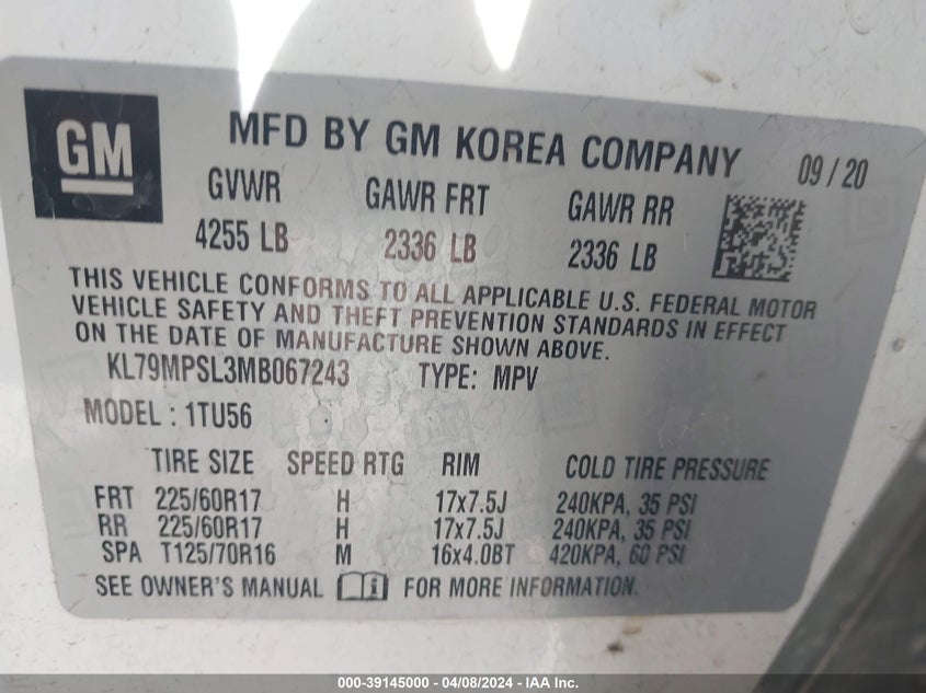 VIN KL79MPSL3MB067243 2021 CHEVROLET TRAILBLAZER FWD LT