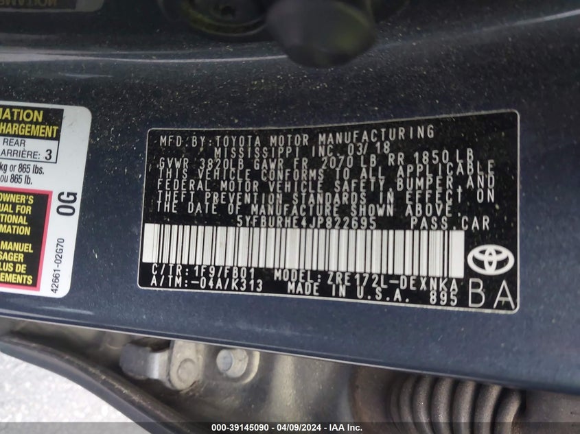 2018 TOYOTA COROLLA LE - 5YFBURHE4JP822695