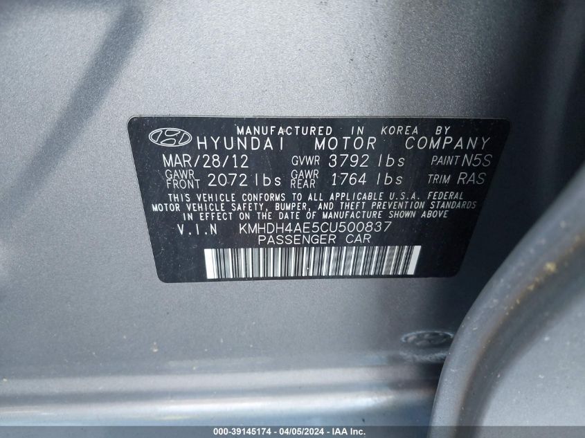 KMHDH4AE5CU500837 | 2012 HYUNDAI ELANTRA