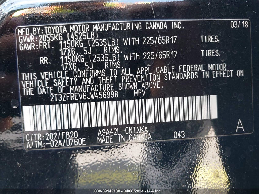 VIN 2T3ZFREV6JW456998 2018 TOYOTA RAV4 LE