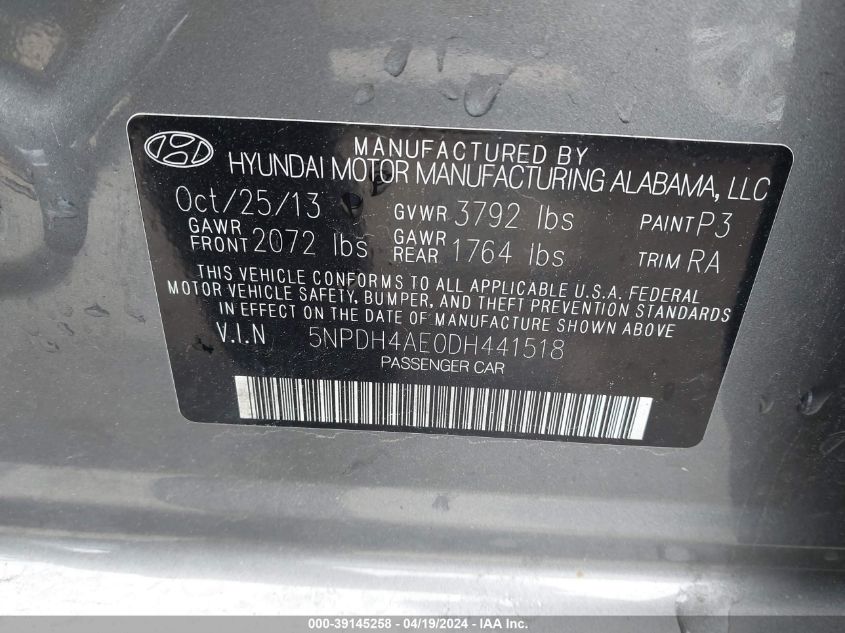 2013 Hyundai Elantra Gls VIN: 5NPDH4AE0DH441518 Lot: 77860023