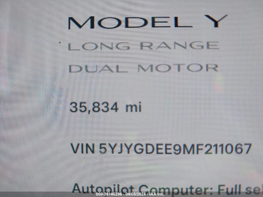 2021 Tesla Model Y Long Range Dual Motor All-Wheel Drive VIN: 5YJYGDEE9MF211067 Lot: 39145296