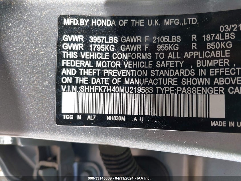 2021 HONDA CIVIC SPORT - SHHFK7H40MU219583