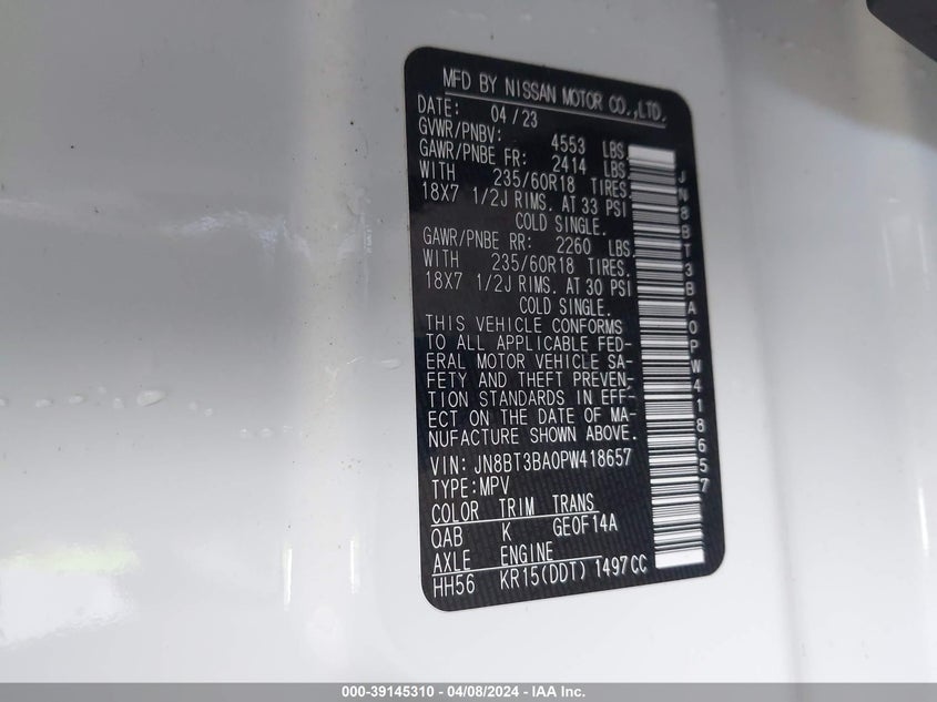 VIN JN8BT3BA0PW418657 2023 NISSAN ROGUE SV