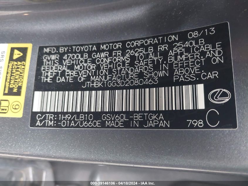 2013 Lexus Es 350 VIN: JTHBK1GG3D2080463 Lot: 39146106