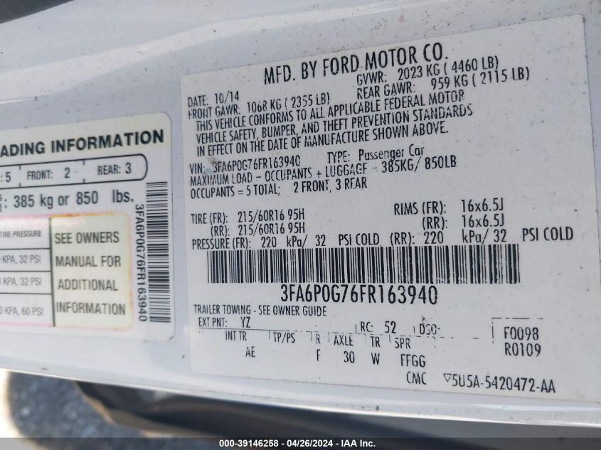 2015 FORD FUSION S - 3FA6P0G76FR163940