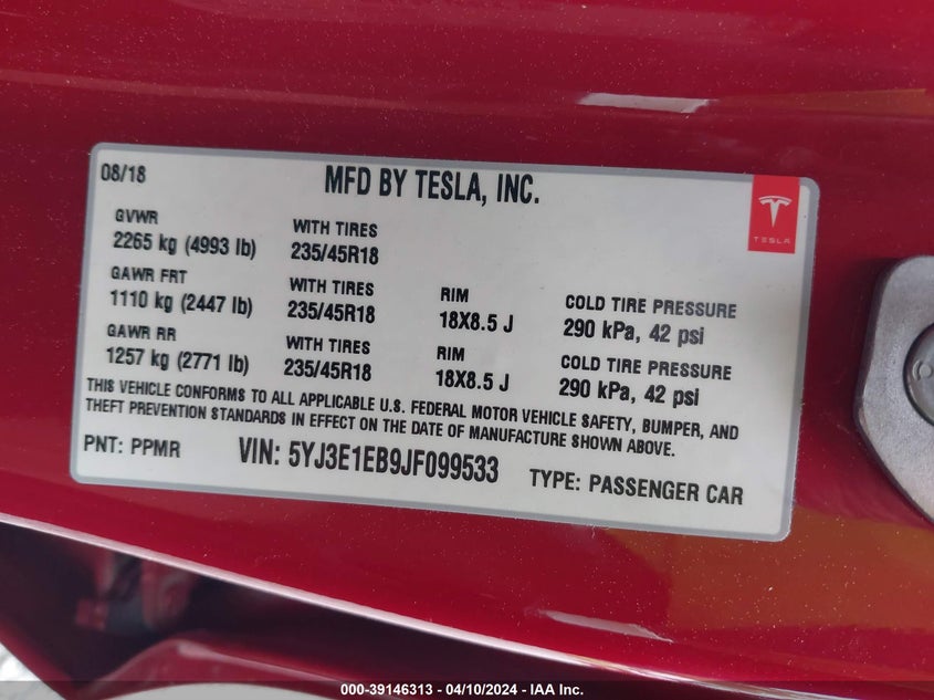 VIN 5YJ3E1EB9JF099533 2018 TESLA MODEL 3 LONG RANGE/PERFORMANCE