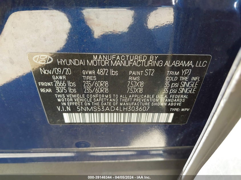 2020 HYUNDAI SANTA FE LIMITED - 5NMS53AD4LH303607