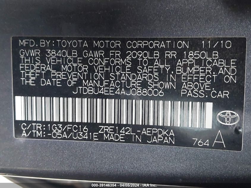 JTDBU4EE4AJ088006 | 2010 TOYOTA COROLLA