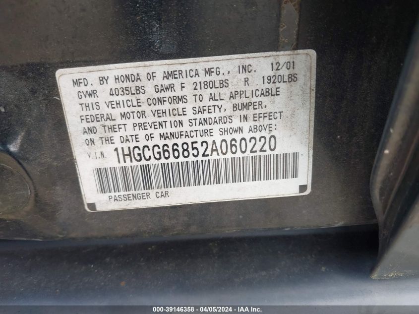 1HGCG66852A060220 | 2002 HONDA ACCORD