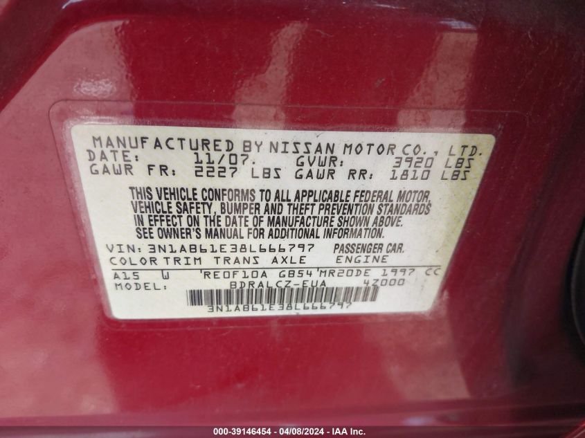 3N1AB61E38L666797 | 2008 NISSAN SENTRA