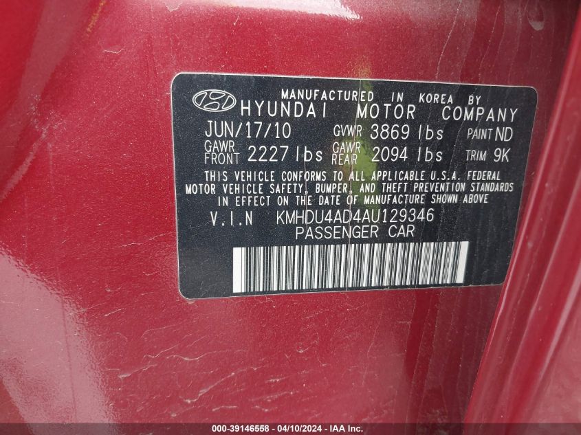 2010 Hyundai Elantra Gls VIN: KMHDU4AD4AU129346 Lot: 39146558