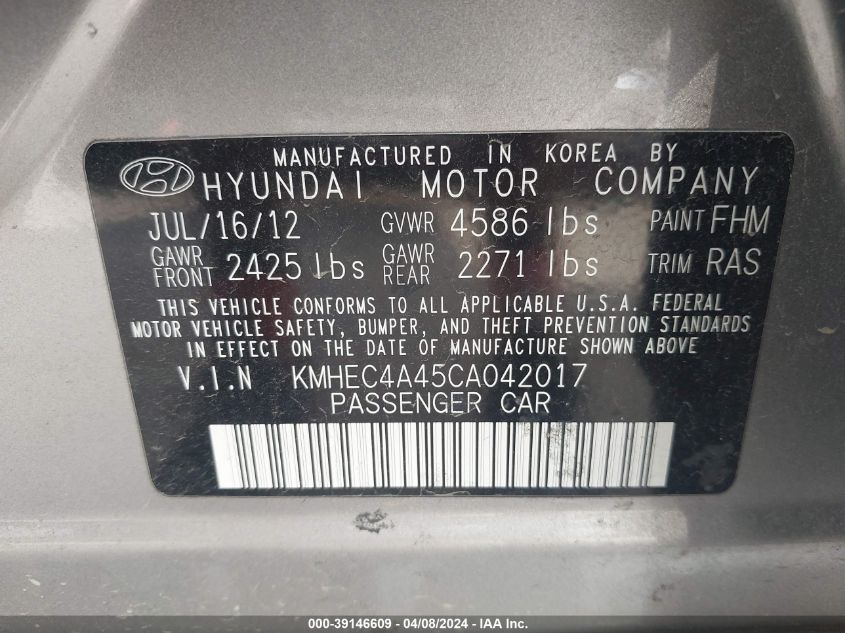 2012 Hyundai Sonata Hybrid VIN: KMHEC4A45CA042017 Lot: 39146609