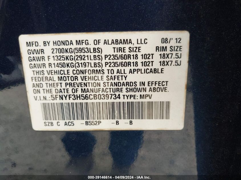 2012 Honda Pilot Ex-L VIN: 5FNYF3H56CB039734 Lot: 39146614