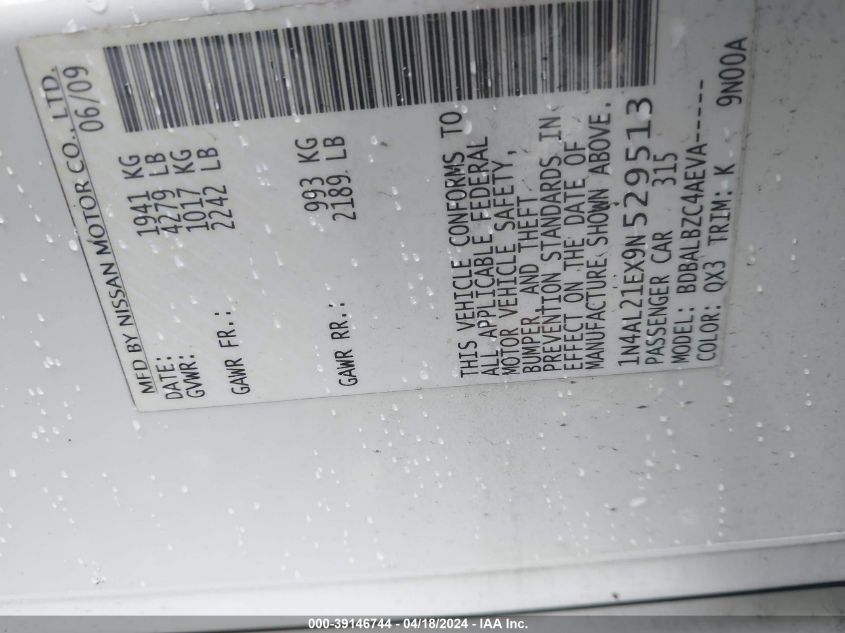 2009 Nissan Altima 2.5 S VIN: 1N4AL21EX9N529513 Lot: 51151404