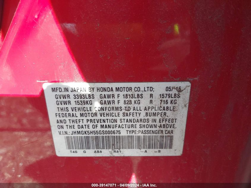 2016 HONDA FIT VIN: JHMGK5H55GS000675